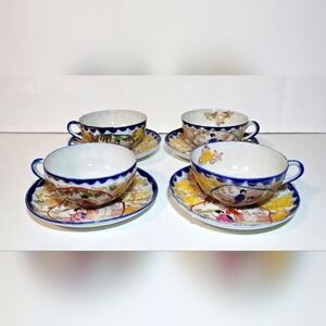 Japanese Porcelain Geisha Scene Tea Cup & Saucer Set of 4 Hand-Painted Serveware